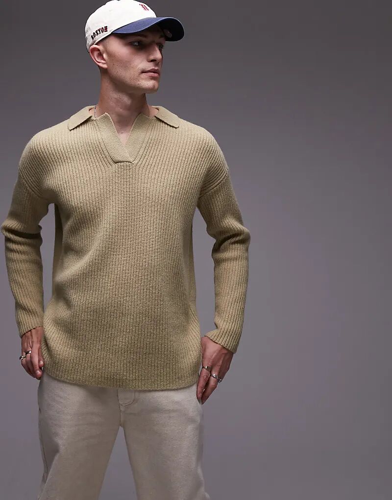 

Свободный свитер Topman Premium Lambswool с открытым воротником цвета хаки