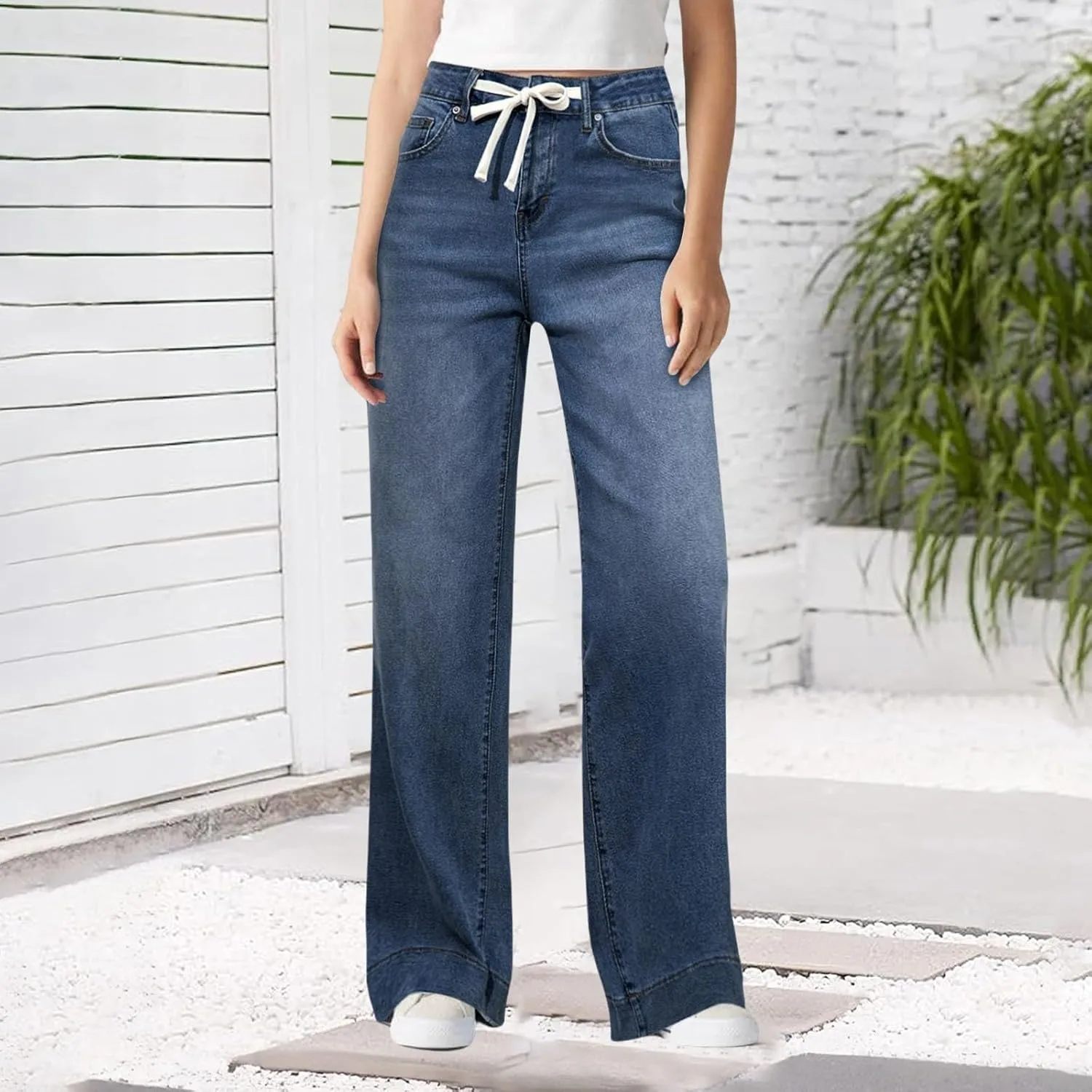 Женские джинсы Wide Leg High Waisted с завязками и карманами — фото 3
