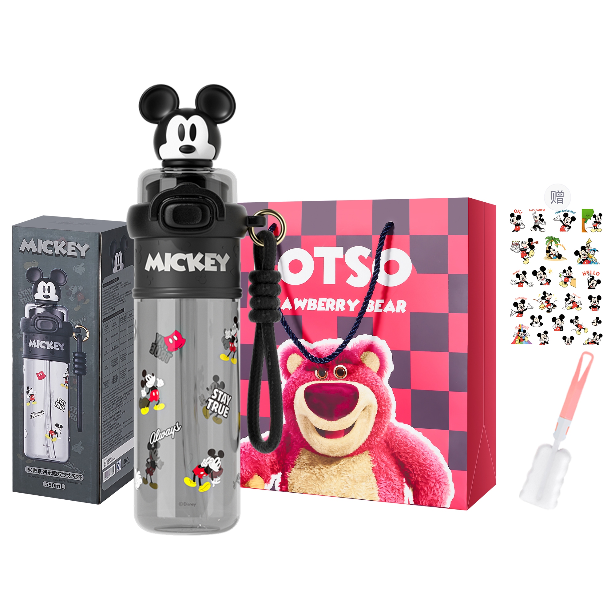 

Лотсо коллекция/стич коллекция mickey mouse, donald duck, пластиковый стакан 550мл Disney, Mickey Mouse Double Straw Water Cup+Shopping Bag[Includes Cup Brush+Sticker]