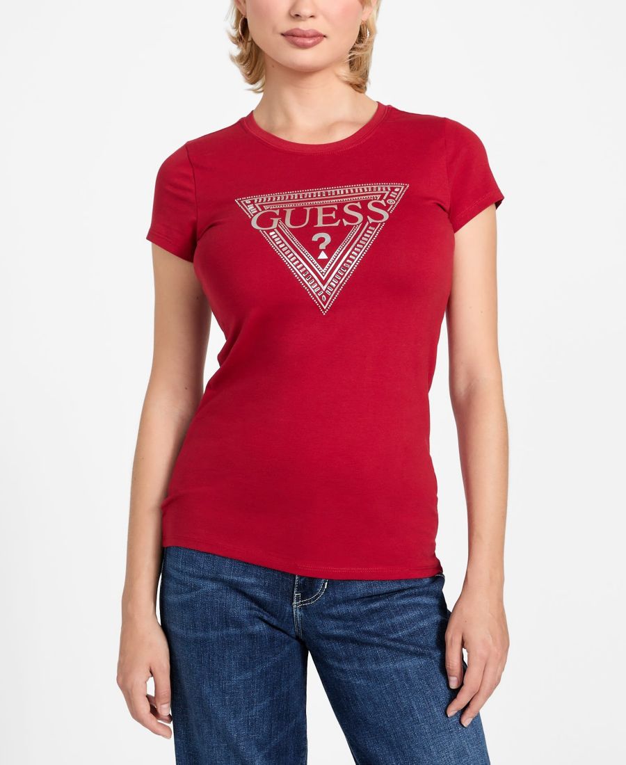 

Женская футболка с коротким рукавом и логотипом R3 с блестками GUESS, Siren Red, Красный, Женская футболка с коротким рукавом и логотипом R3 с блестками GUESS, Siren Red