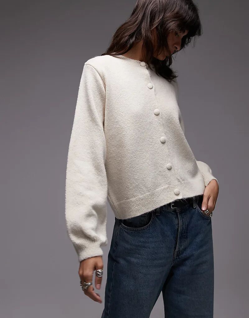 

Пушистый вязаный кардиган ASOS DESIGN с рукавами-блузонами кремового цвета