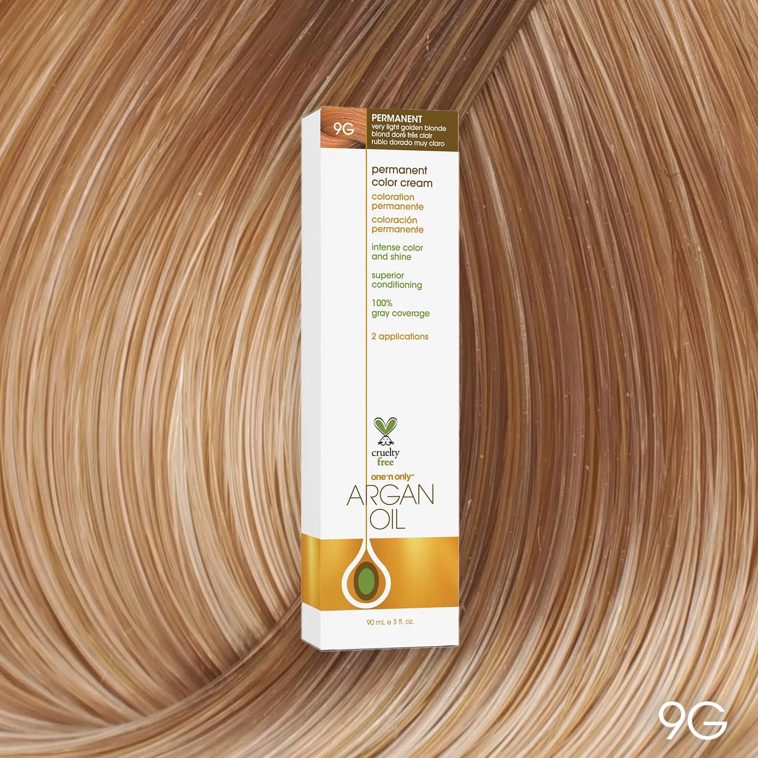 One N' Only Permanent Hair Color - стойкая краска для волос с аргановым маслом, насыщенные тона и стойкое покрытие седины, улучшает увлажнение и эластичность, 9G Very Light Golden Blonde (85 г) One 'N Only, 9G Very Light Golden Blonde — фото 2