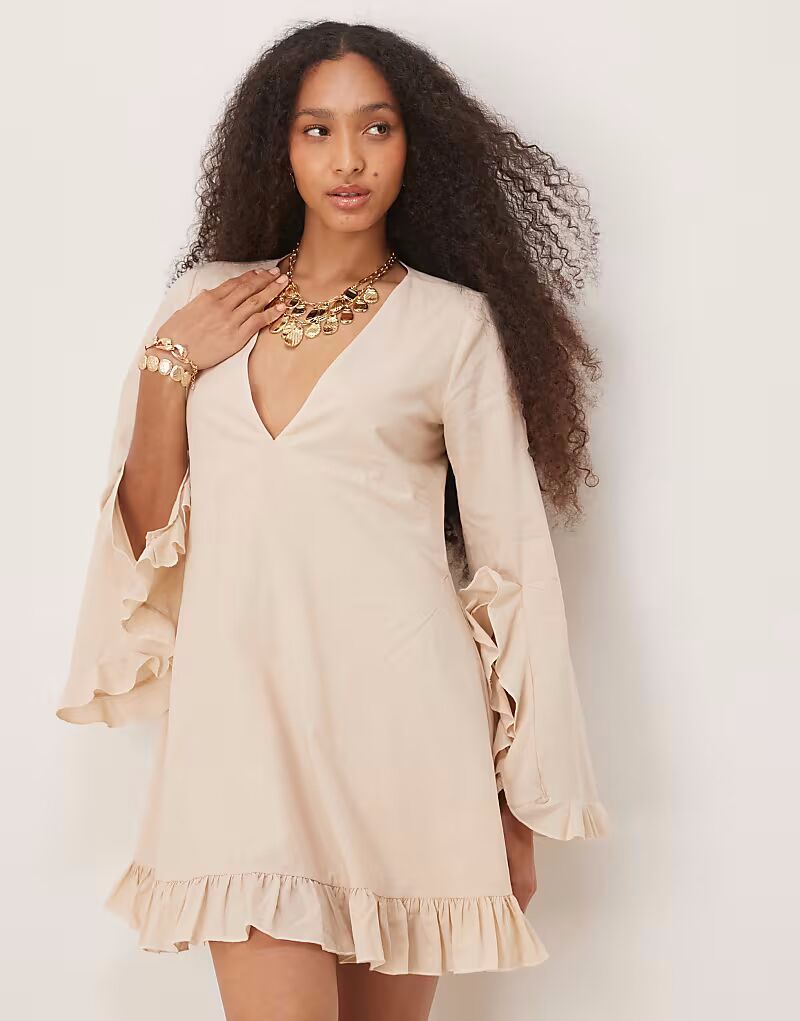 

ASOS DESIGN хлопковое мини-платье с оборкой по подолу цвета экрю