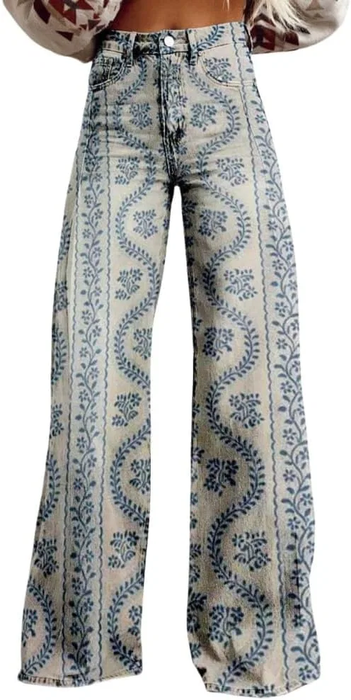 Джинсы с цветочным принтом, Women's Wide Leg Flared Jeans, 16 — фото 3