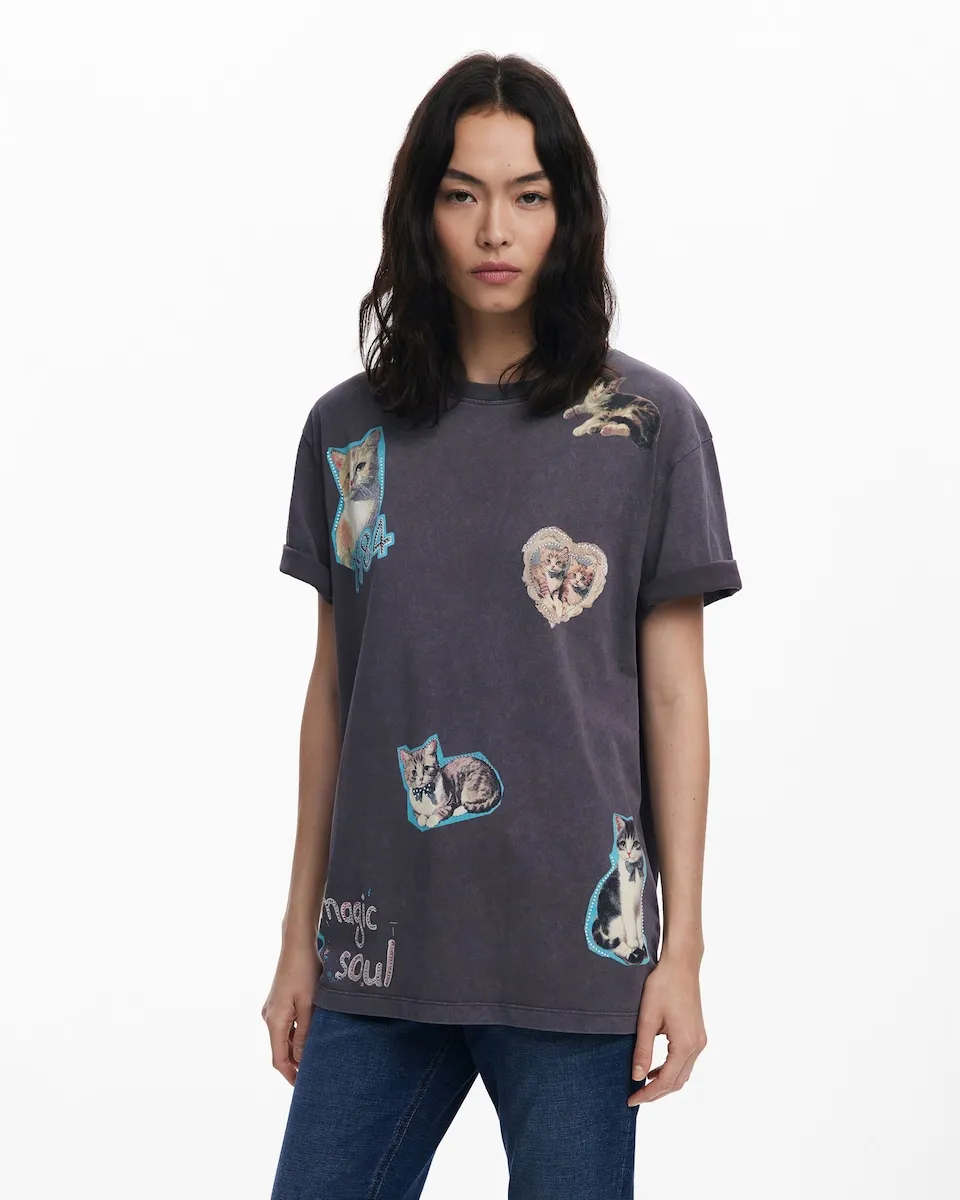 

Женская футболка из хлопка с кошками Desigual, черный