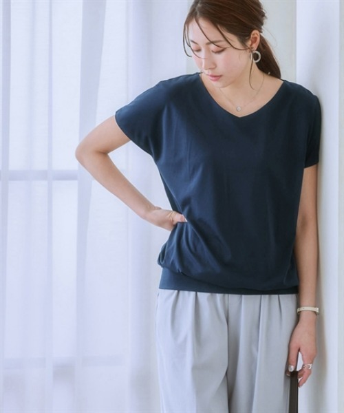 

Топ мерсеризованный с V-образным вырезом и французскими рукавами 7days Life Styling, темно-синий
