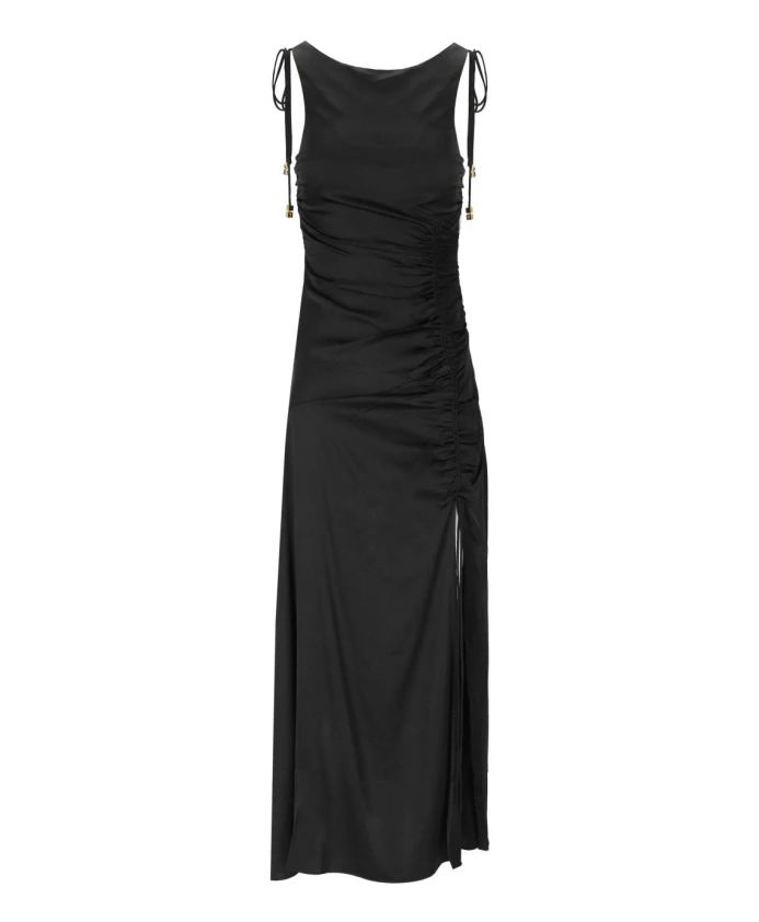 

Длинное черное атласное платье со сборками Ganni, черный