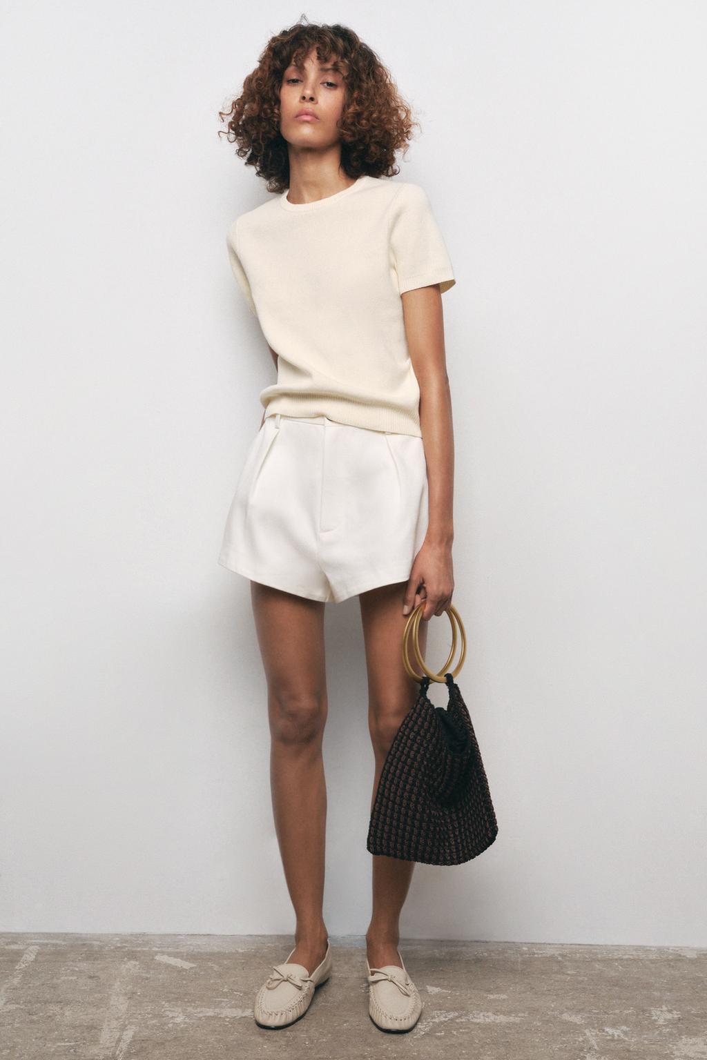 

Однотонный трикотажный топ с короткими рукавами ZARA, цвет Ivory