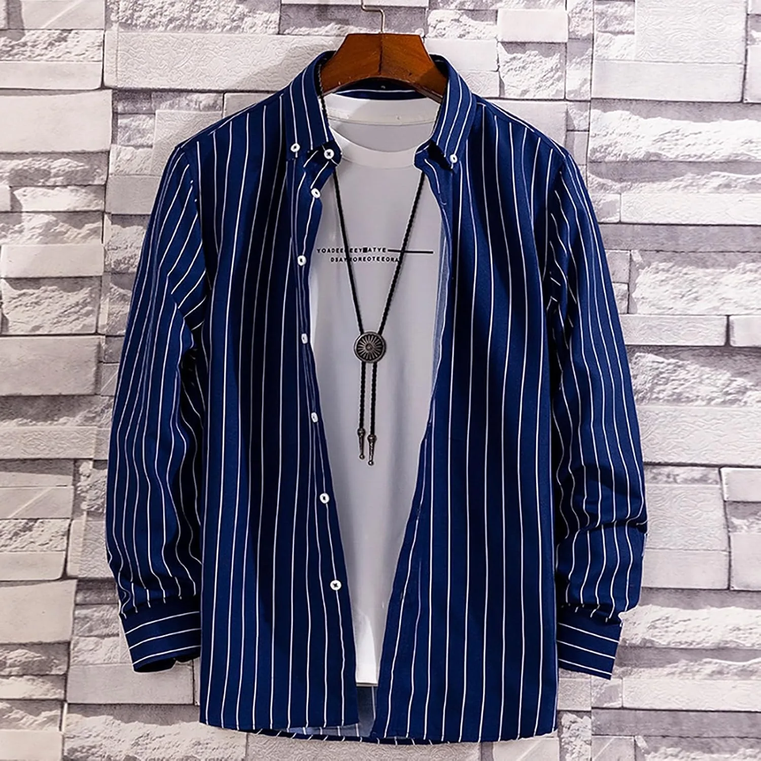 Мужская полосатая рубашка на пуговицах Casual Regular Fit, не мнется, с длинным рукавом, для делового формального стиля Generic, темно-синий — фото 2