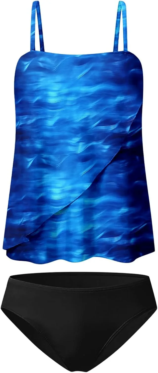 Strapless Tankini для женщин с эффектом контроля живота, 2-х частный купальник, топ-бюстье с блузоном и бикини-нижняя часть Generic, мультиколор — фото 3