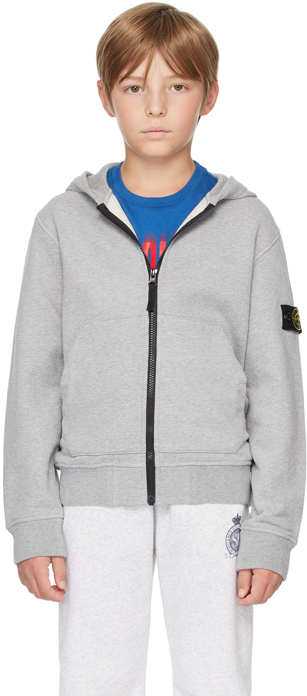 

Детская серая толстовка с капюшоном на молнии Stone Island Junior