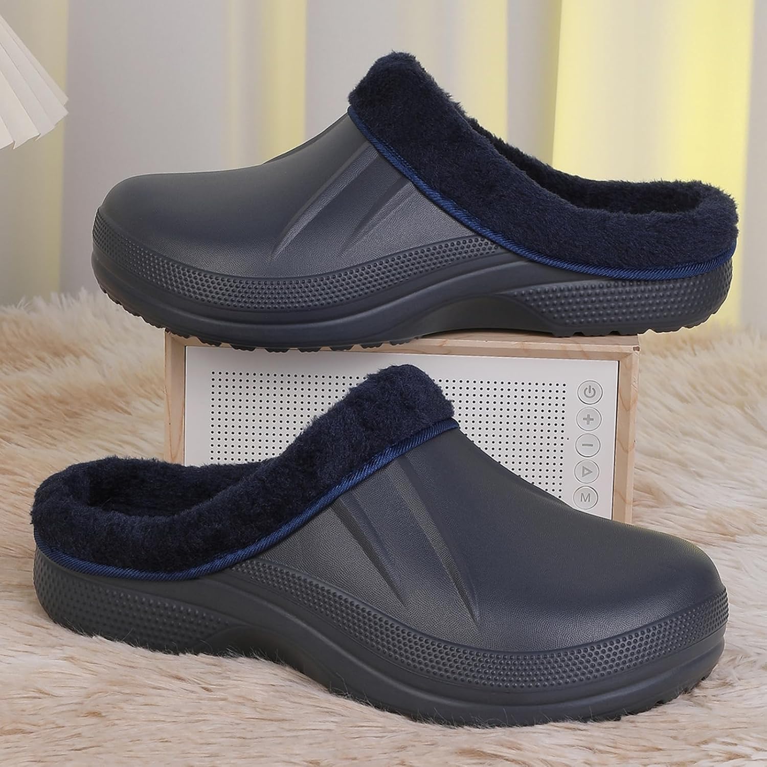 YUKTOPA Unisex из искусственной меховой подкладки- зимняя теплая обувь, слизающие водонепроницаемые домашние тапочки, легкие садовые сабо, мулы для пляжа во дворе, синий — фото 4