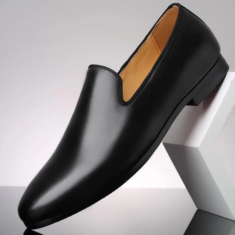 Лоферы кожаные Mens Loafers Simple Pointed Toe Leather Smoking Shoes Flat Heel Comfortable Flexible Prom Slip-ons, Black SayfuR — фото 2