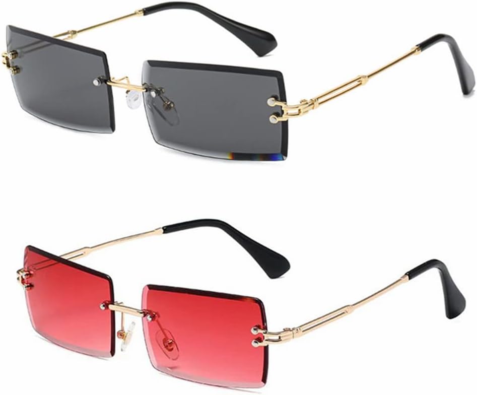 

Солнцезащитные очки LASPOR в стиле ретро, ​​без оправы, прямоугольной формы, для женщин и мужчин, с тонированными линзами, золотистая металлическая оправа, винтажные квадратные очки, Black + Red