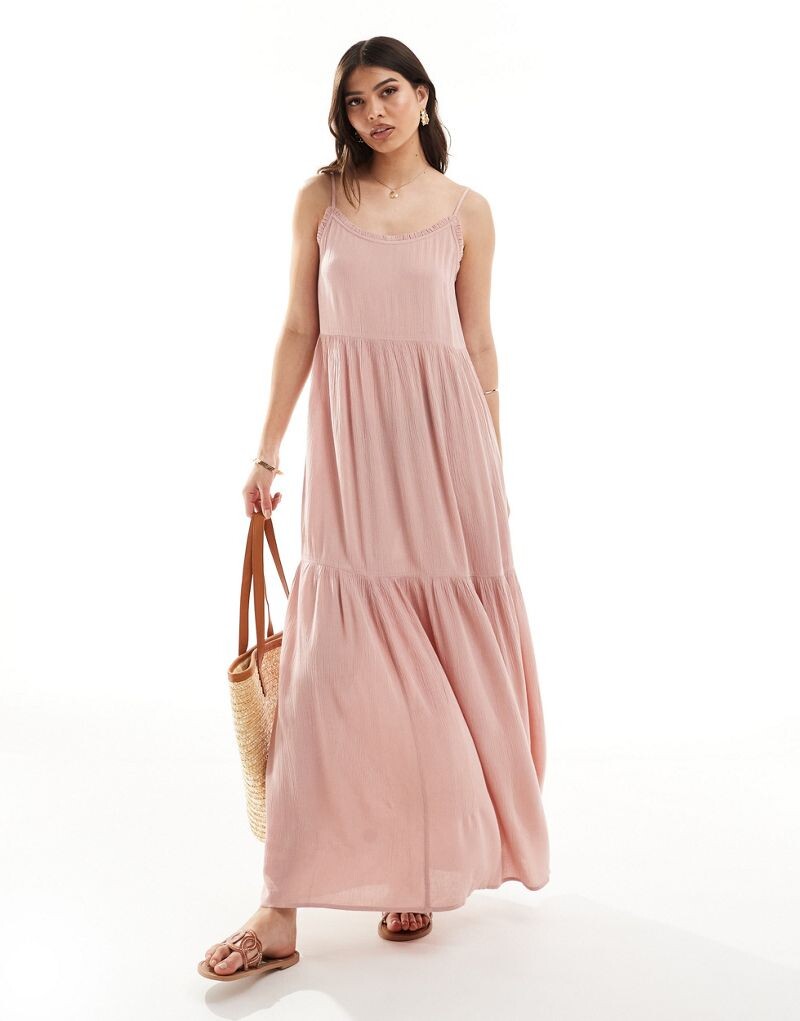 

Miss Selfridge — фактурное нежно-розовое длинное платье-комбинация с рюшами
