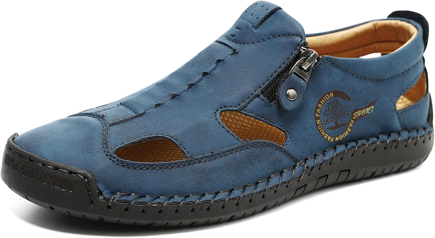 

Мужские сандалии с закрытым носком для мужчин, летние кожаные туфли, обувь для рыбалки, походов, спортивные, шлепанцы, тапочки, повседневные легкие дышащие обувь для ходьбы и вождения Eimeinuosy, синий