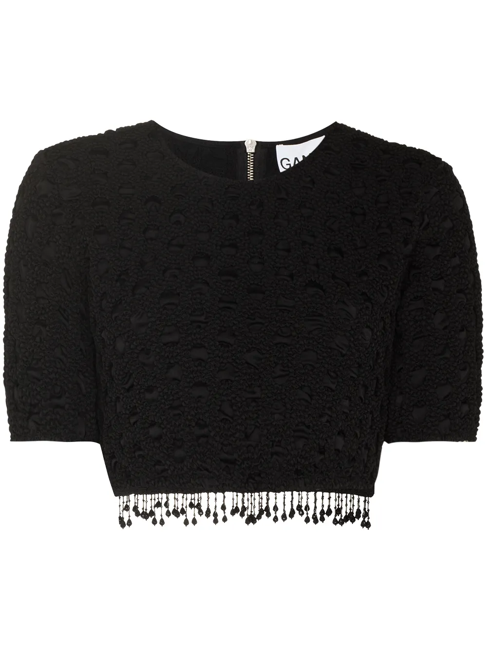 

Укороченный топ в технике кроше с кисточками Ganni, черный