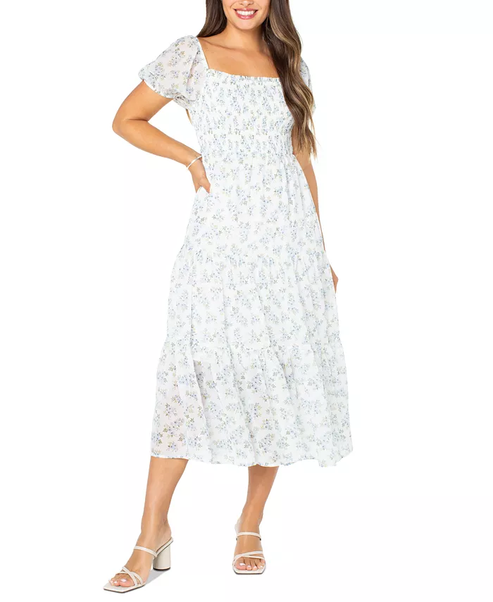 

Женское платье миди с присборенными рукавами-фонариками Juniors' Smocked Puff-Sleeve Midi Dress Celebrity Pink, белый