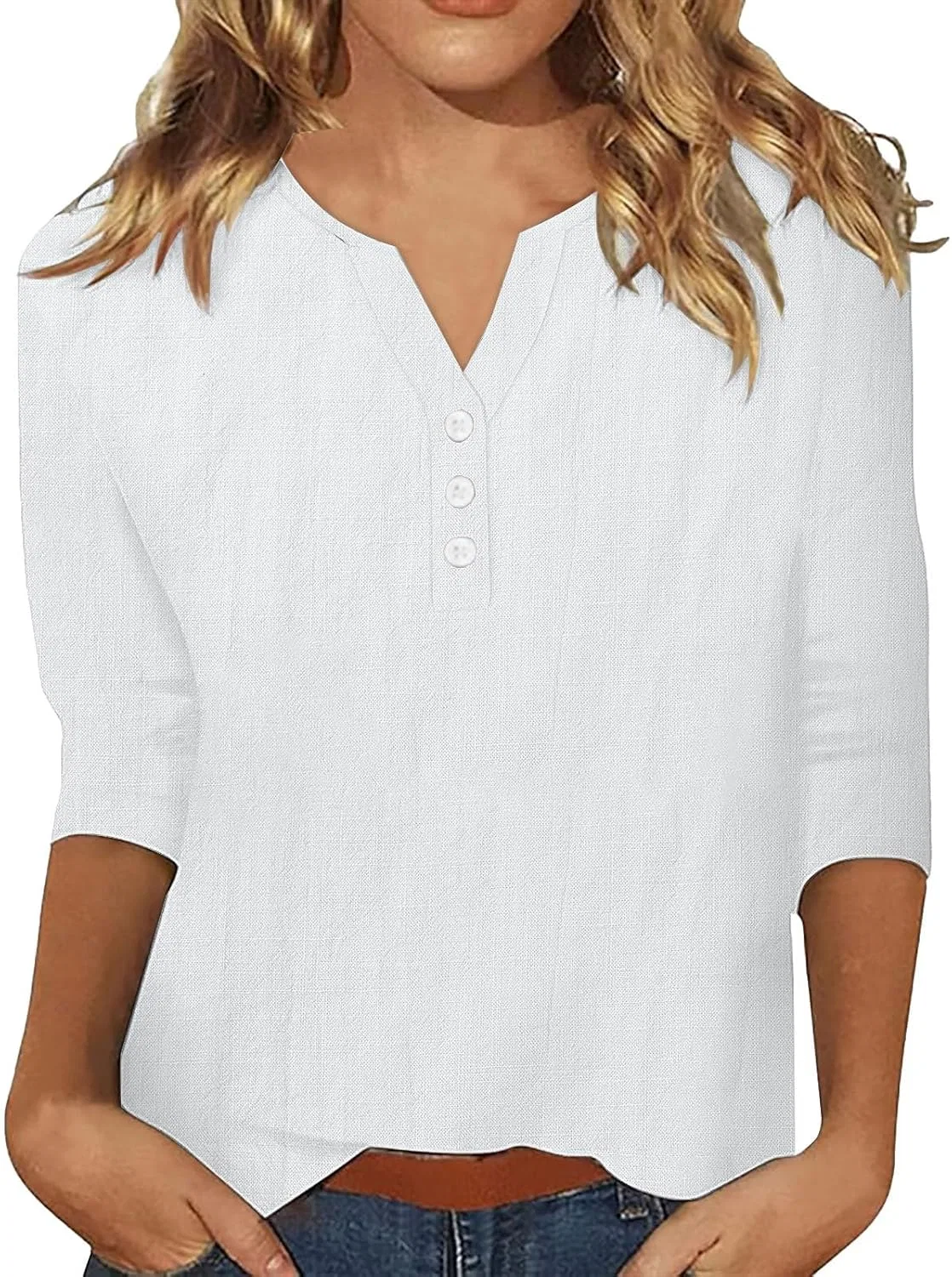 Блуза с V-образным вырезом и рукавом 3/4, Cotton Linen, белый