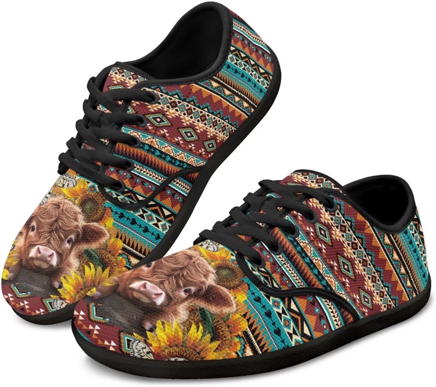 

Мужские и женские босоножки Jeiento с ацтекским узором с широким носком, кроссовки для бега с нулевым перепадом подошвы, Cute Highland Cow Sunflower Aztec