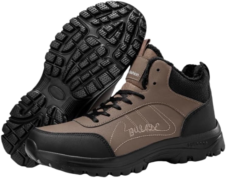 

Мужские зимние сапоги Hhhchpm с плюшевой подкладкой, противоскользящей подошвой MD, высоким верхом и короткой высотой - теплые обувь для прогулок на льду, снегу и повседневной носки, коричневый