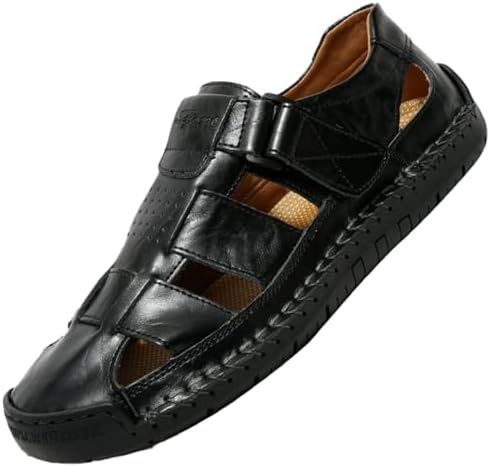 

Мужские кожаные сандалии-рыбаки с вырезами, застежкой-липучкой, плоской подошвой, закрытым носком, мягкой подошвой, ручной прошивкой, для выхода в воду, летние комфортные, противоскользящие повседневные пляжные сандалии Bhdjk, черный