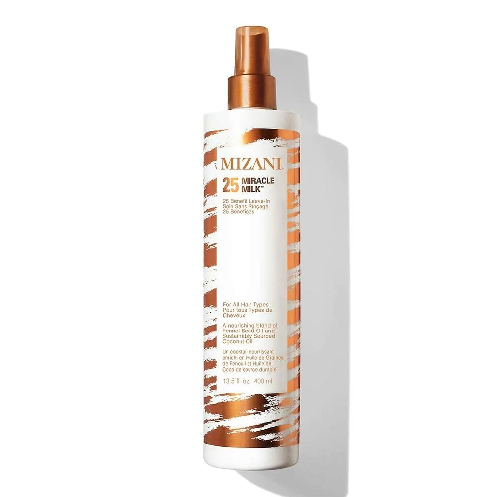 Mizani 25 Benefit Miracle Milk - несмываемый кондиционер для кудрявых волос, с кокосовым маслом, спрей для распутывания кудрей, термозащита против пушистости, без сушащих спиртов, без парабенов. 399 мл (.), black