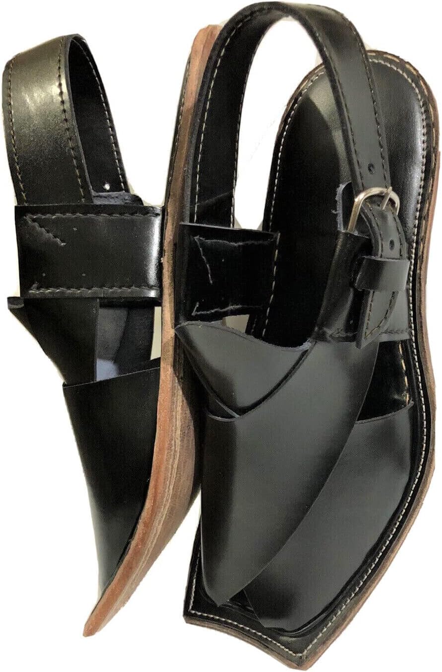 

Мужские премиальные полностью кожаные пешеварские сандалии/шлепанцы ручной работы с жесткой кожаной подошвой Generic, черный