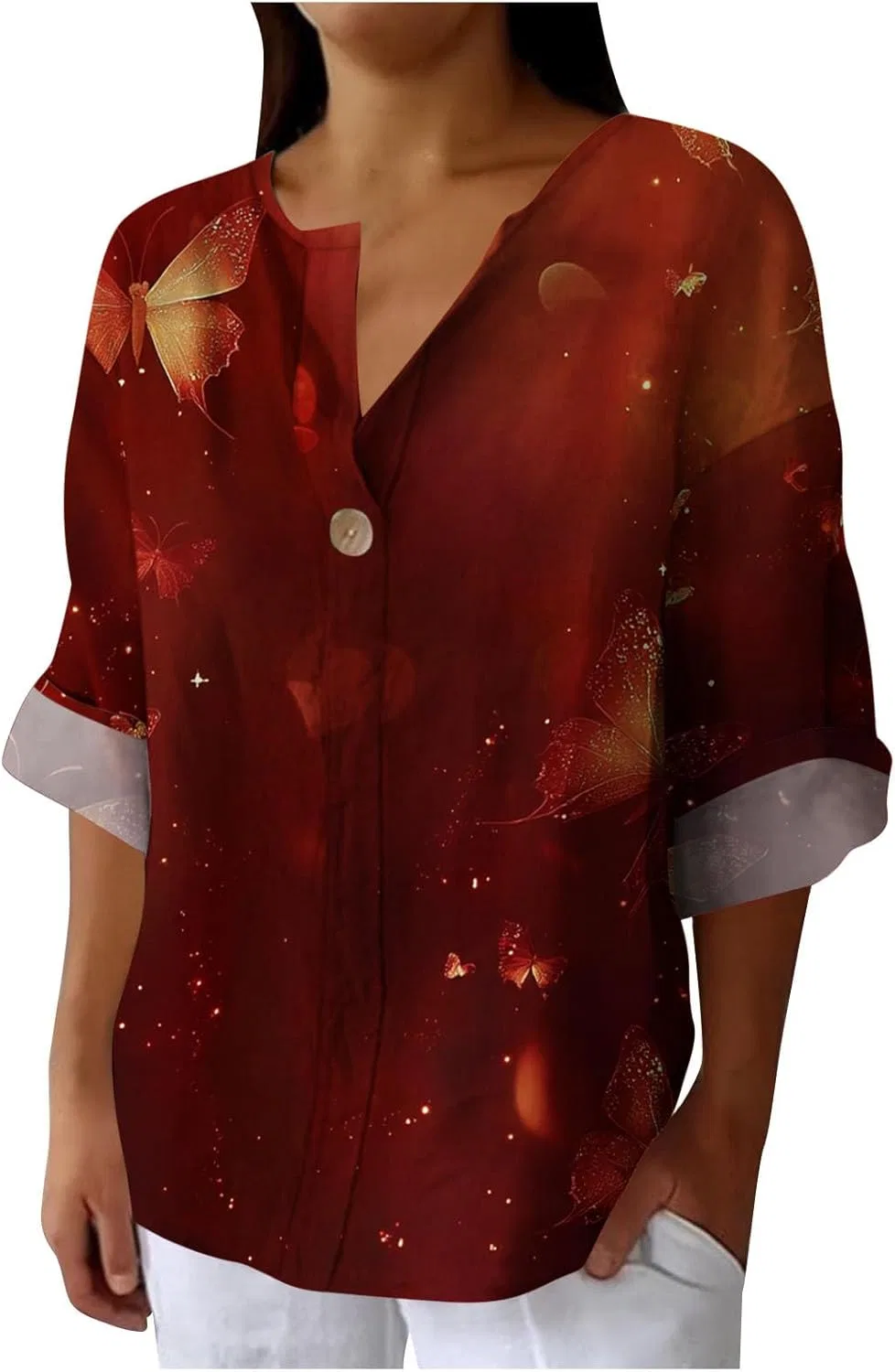 Футболка женская с градиентом, длинный рукав, V-образный вырез, Polyester, S-071 Red