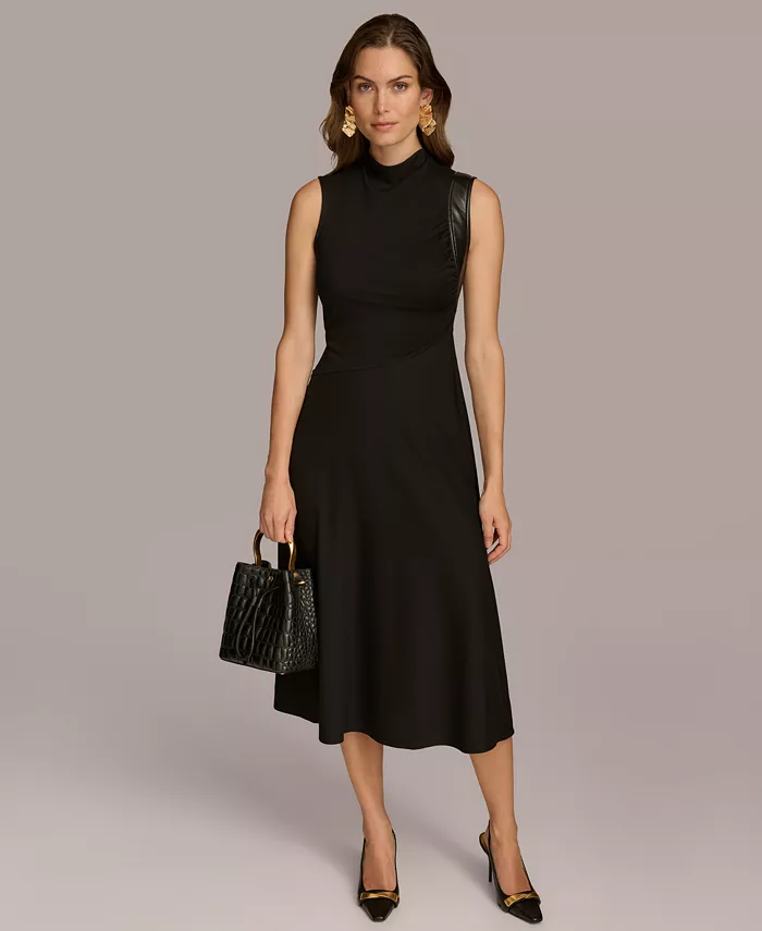 

Женское платье с воротником-стойкой и отделкой из искусственной кожи Donna Karan New York, черный