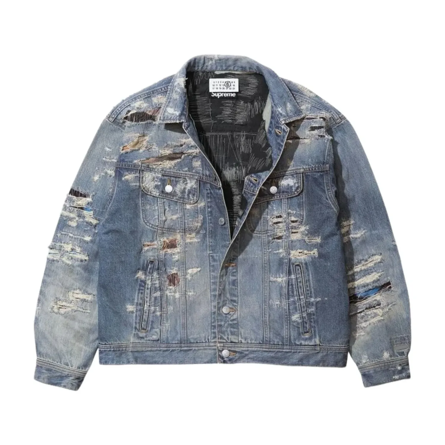 Куртка-тракер Supreme x MM6 Maison Margiela из рваного денима с кромкой 'Washed Indigo', синий — фото 2