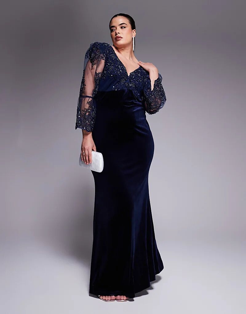 

Платье макси Goddiva Curve из фестончатого кружева и бархата темно-синего цвета