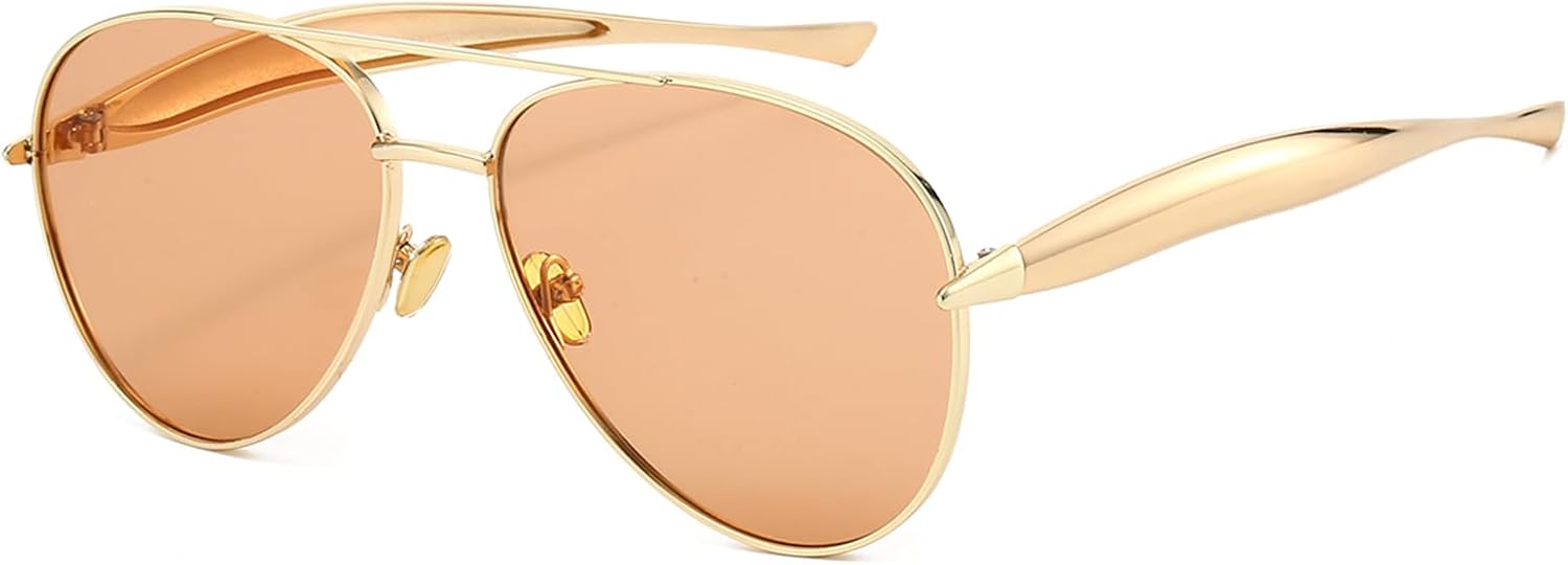 

Солнцезащитные очки Long Keeper Retro Pilot для женщин и мужчин, золотистые металлические, большие, в авиационном стиле, модные, с двойной перемычкой, в стиле 70-х, Gold Frame - Light Orange Lens