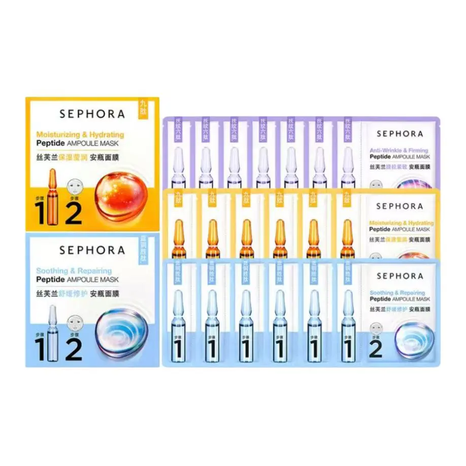 

Vial Facial Masks увлажняющие, восстанавливающие, для различных типов кожи набор из 4 штук Sephora, three-piece set: soothing and repairing essence mask 18 pcs+hydrating and brightening essence mask 9 pcs+firming and lifting essence mask 9 pcs