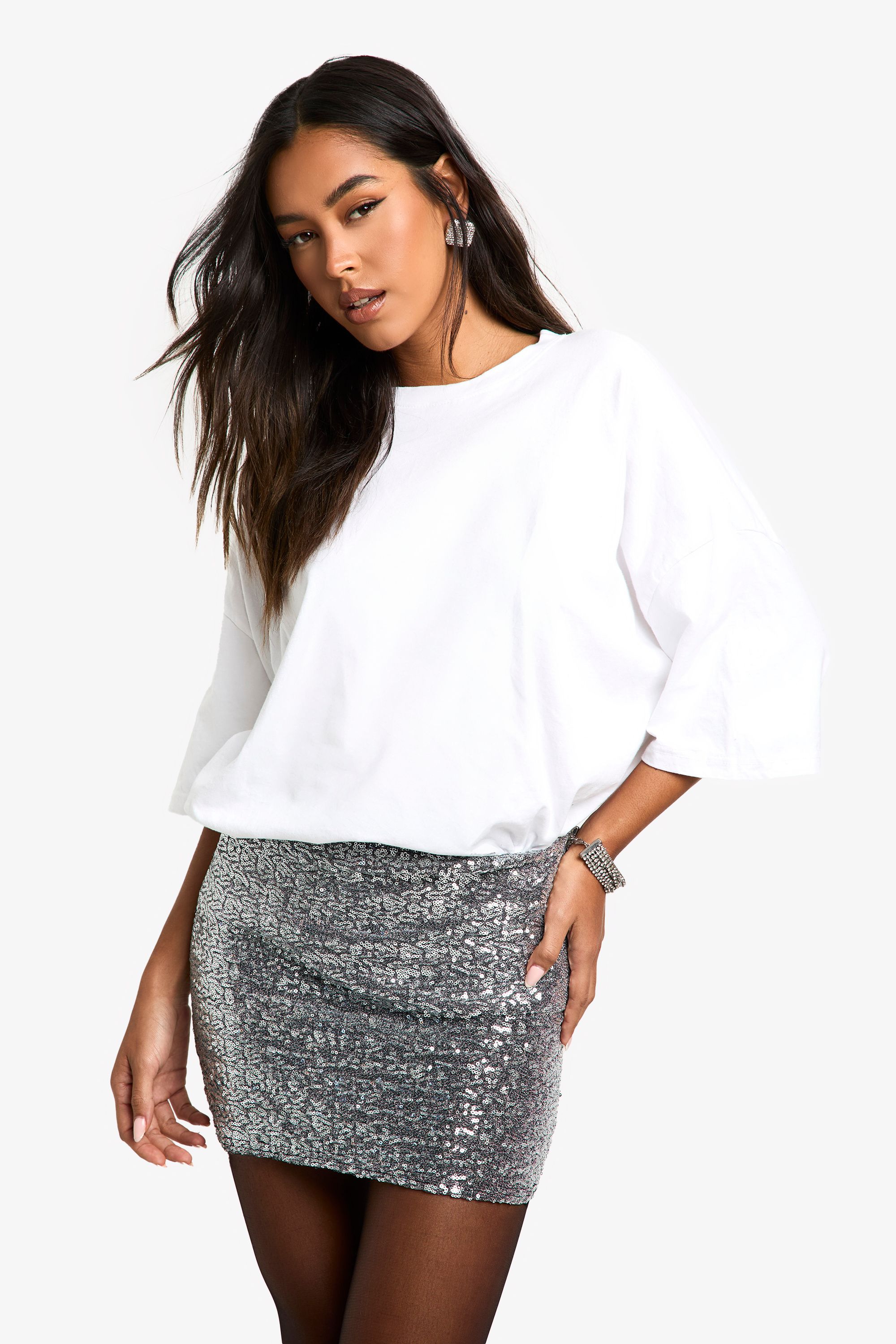 

Мини-юбка Boohoo с пайетками, серебряный