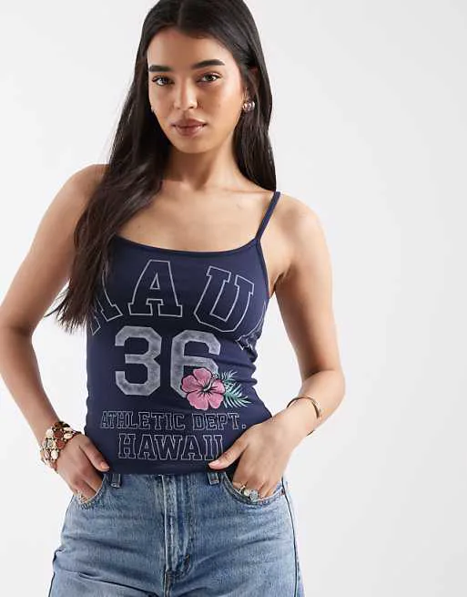 

Темно-синяя двусторонняя майка с цветочным принтом Hollister