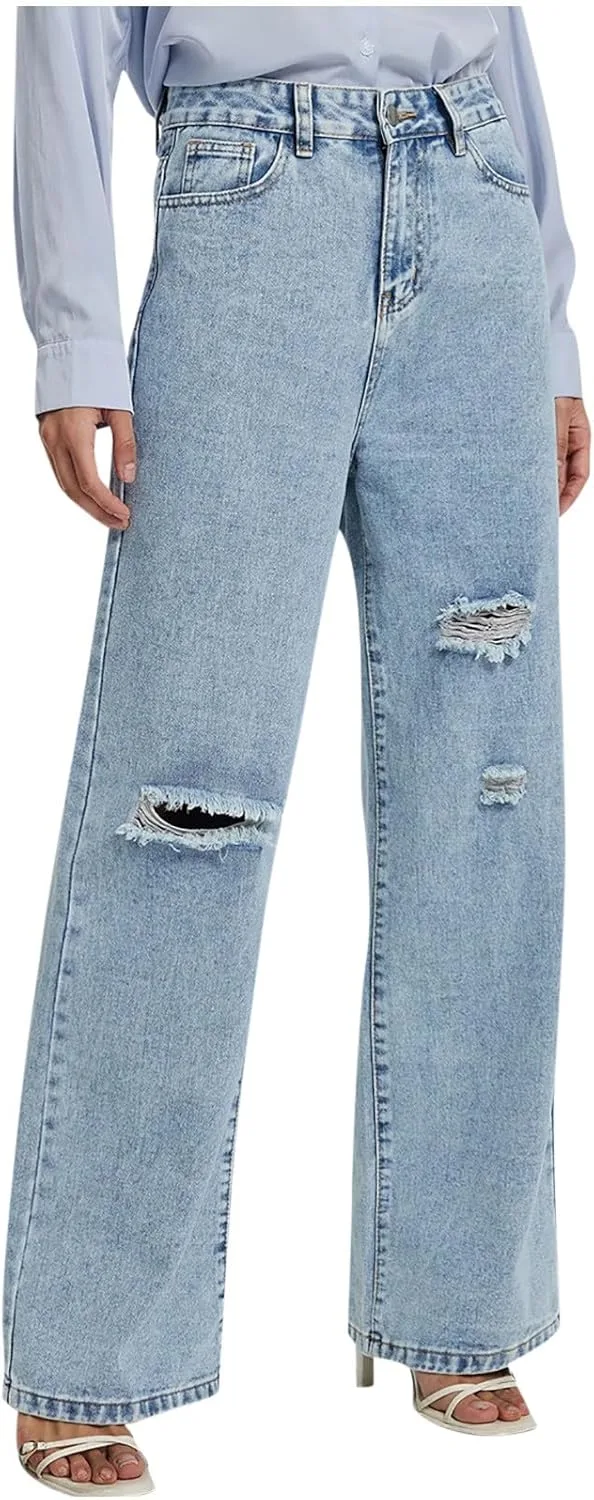 

Женские джинсы 2024 Baggy Ripped с разрывами Mid Waist Wide Leg
