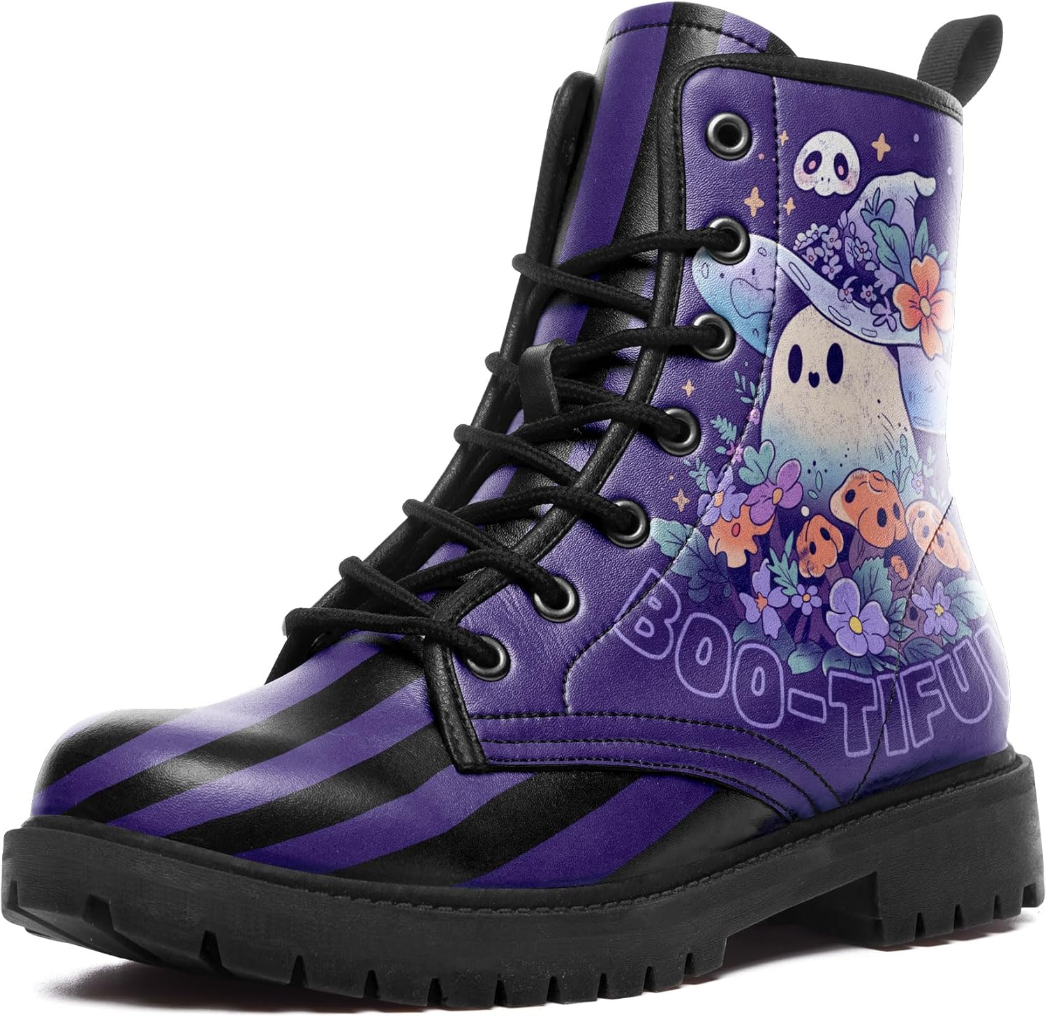 

Женские кожаные боевые ботинки средней длины с шнуровкой, с художественными узорами грибов и цветов для походов и повседневной носки Awsole, черный