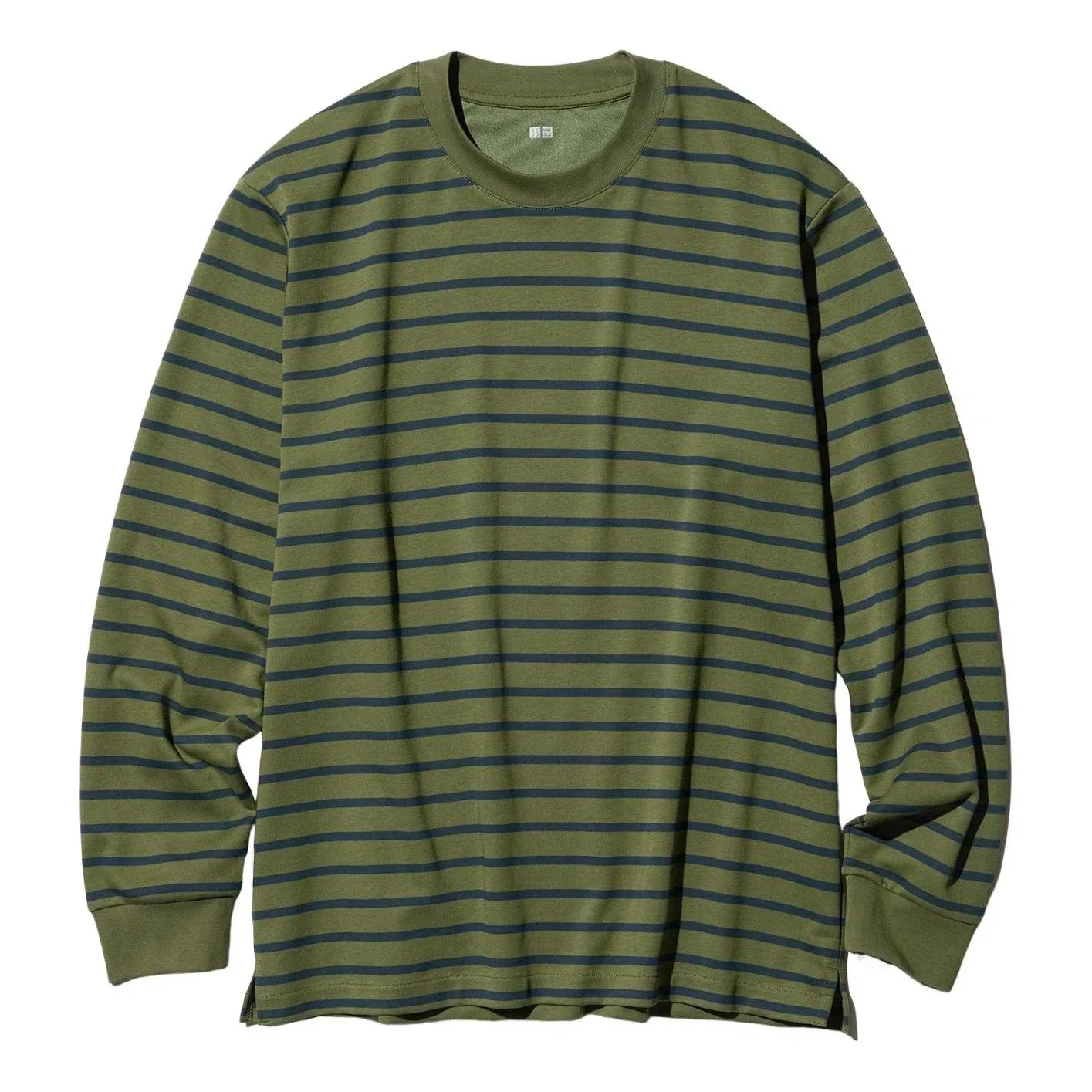 Футболка UNIQLO AIRism из хлопка в полоску с круглым вырезом и длинными рукавами, оливково-зеленый