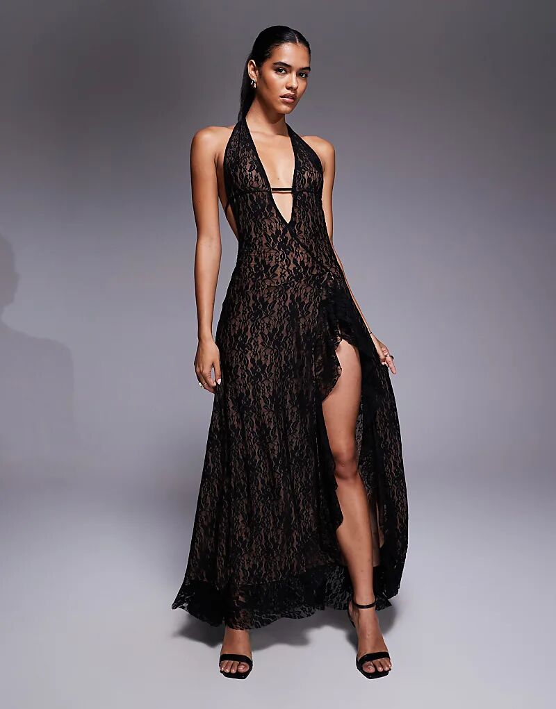 

Платье макси I.AM.GIA Irisia с кружевом, глубоким вырезом-халтером, открытой спиной и разрезом на бедрах, черное