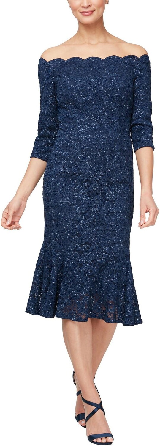 

Платье Alex Evenings Midi Length off the Shoulder Dress, темно-синий