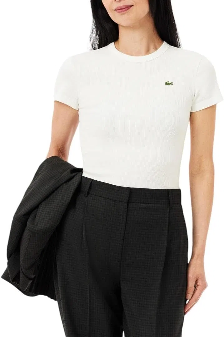 Футболка Lacoste женская приталенная в рубчик, органический хлопок, белая