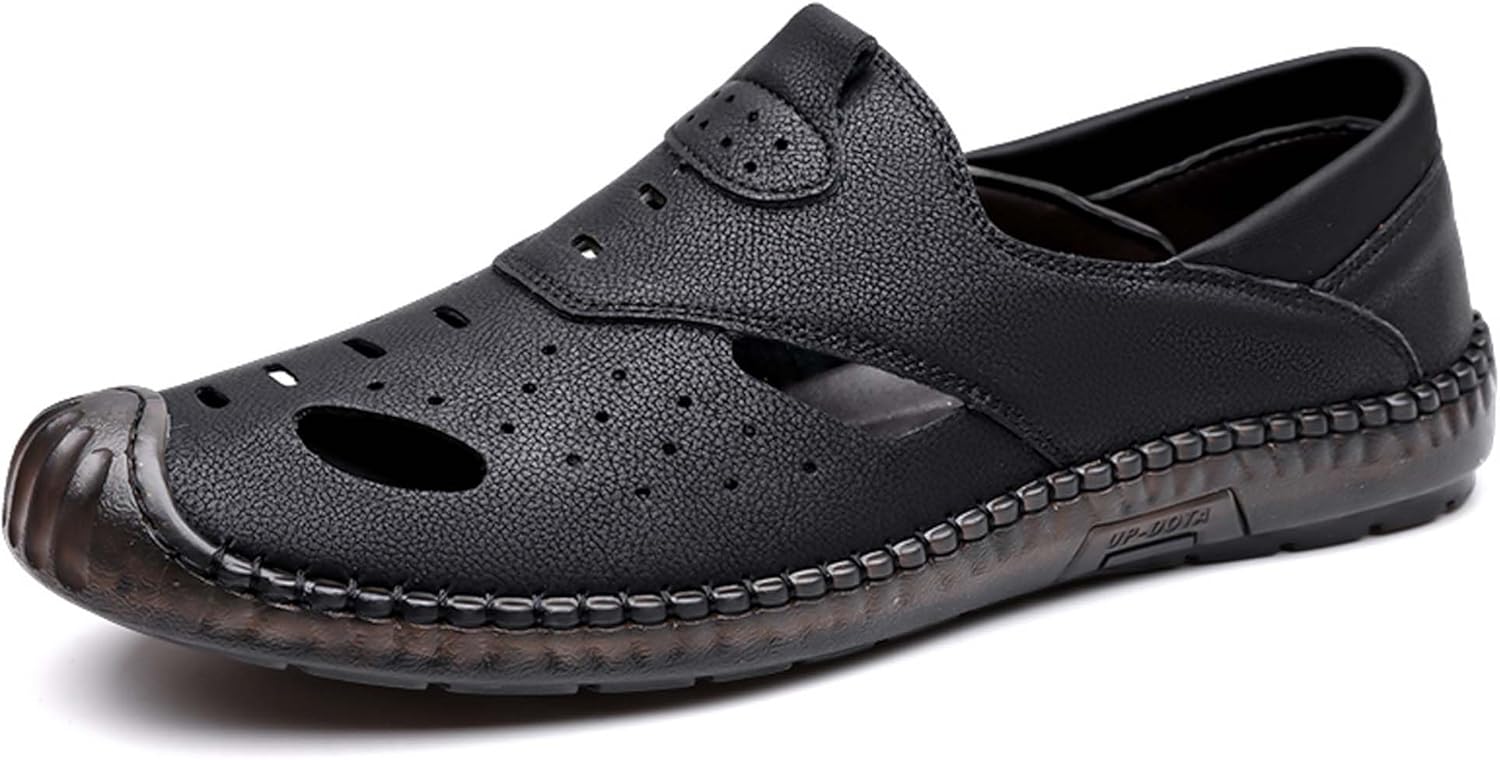 

Мужские кожаные летние босоножки с вырезами для бизнеса, походов, спорта, пляжа, рыбалки, на открытом воздухе, дышащие, с противоскользящей подошвой, повседневные и формальные сандалии Generic, черный