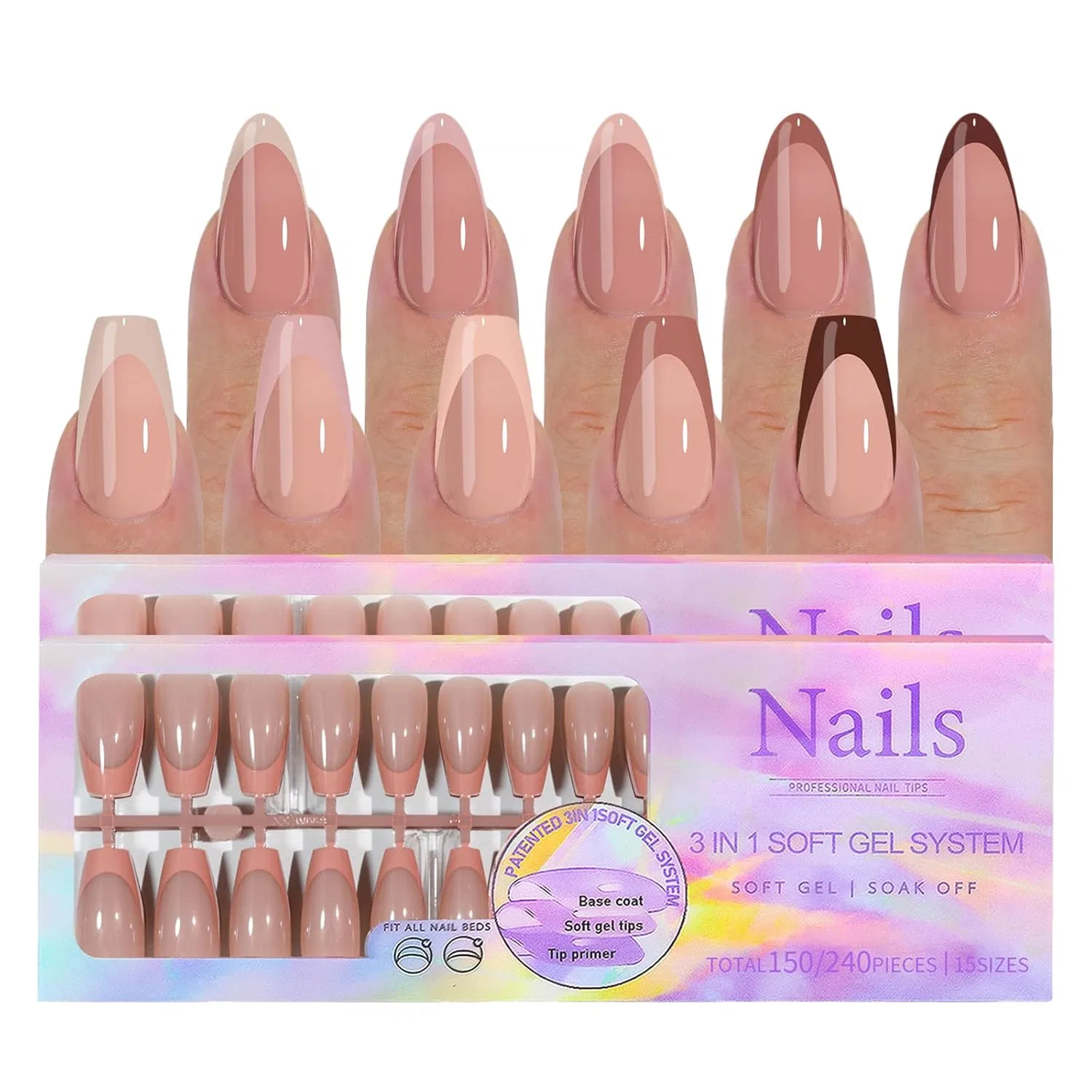 Набор накладных ногтей с французским кончиком, 300 шт. Chseeo, Brown, Light Brown, Nude Flesh, Nude Pink, Nude Grey