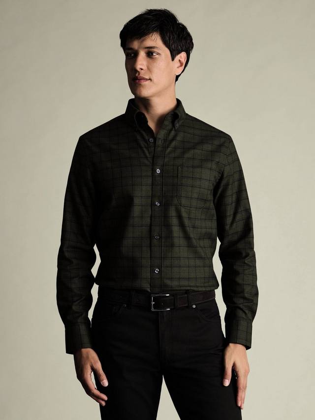 

Нержавеющая хлопковая рубашка в рубчик Regular Fit в клетку Charles Tyrwhitt, Olive Green