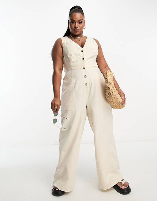 

Овсяный льняной комбинезон с пуговицами ASOS DESIGN Curve