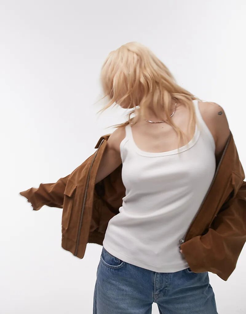 

Топ Topshop Petite с тонкими бретелями и круглым вырезом, трикотажный топ в рубчик, белый цвет