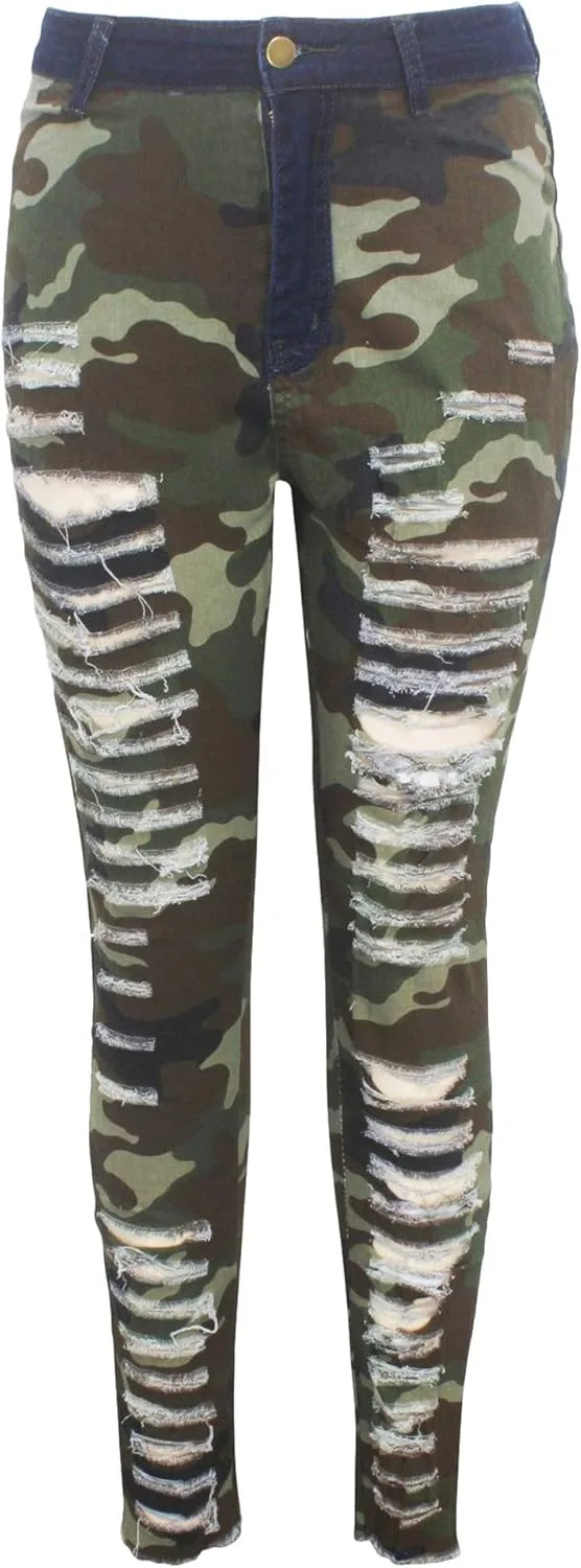 

Andongnywell женские рваные джинсы с высокой талией в камуфляжном принте