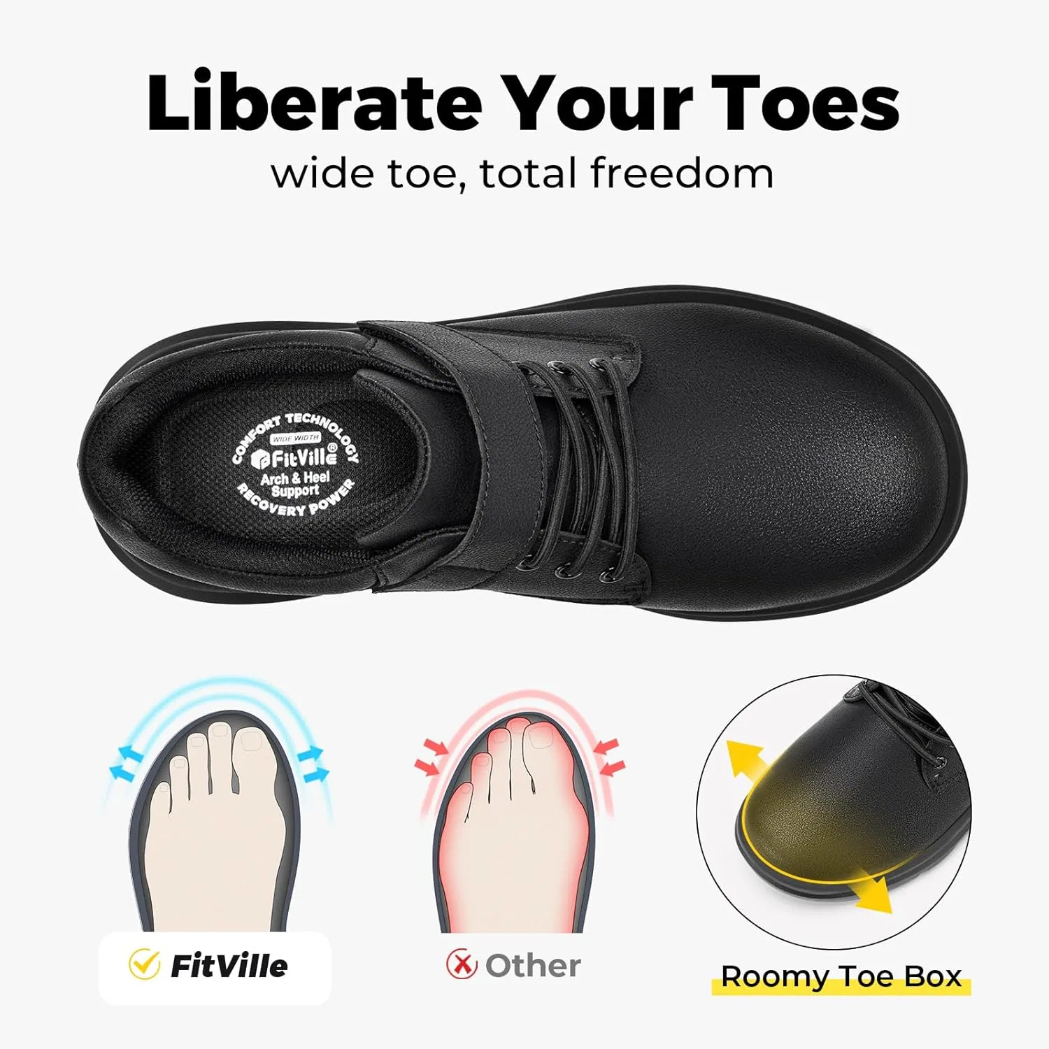 Мужские кроссовки FitVille Extra Wide с отделкой из микрофибровой кожи, деловые и повседневные, регулируемые, удобные, с амортизацией, для ходьбы по широкой стопе, Deep Black — фото 3