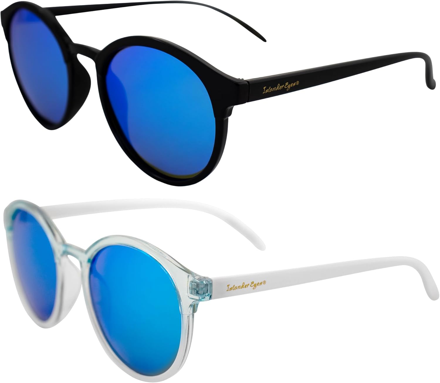 

Поляризованные солнцезащитные очки Maldives для мужчин и женщин, 2 пары, увеличенные круглые оправы, черно-белая оправа с синими зеркальными линзами Islander Eyes, Black/White-blue